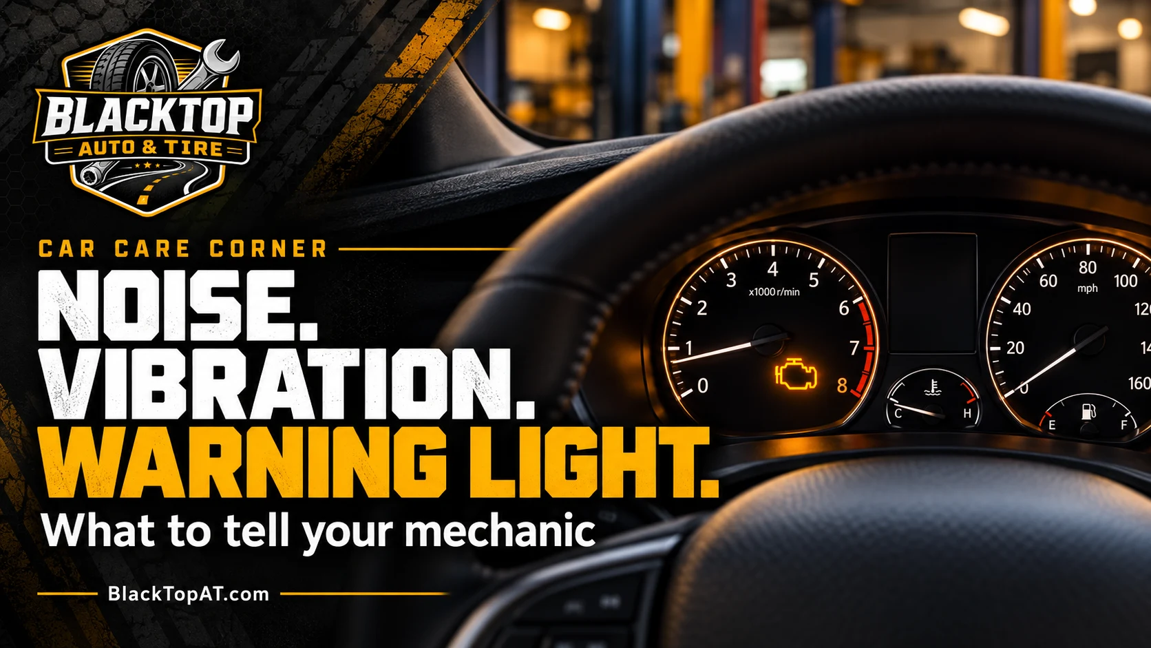Blacktop Car Care Corner illustration of a dashboard warning light: what to tell your mechanic